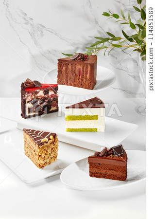 Variety of exquisite cake slices on plates against marble backdrop Variety of exquisite cake slices on plates against marble backdrop 114851589