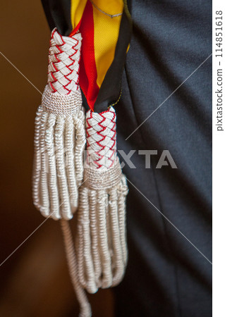 An elegant academic robe with traditional tassels symbolizes scholarly achievement and honor 114851618