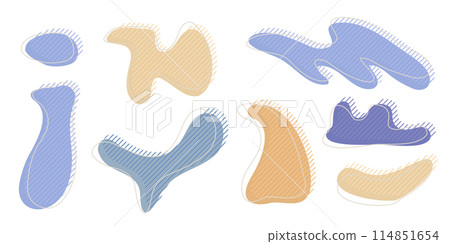 Collection of organic irregular blob shape with decorative stripes and stroke line. Yellow blue random deform circle spot. Isolated white background Organic amoeba Doodle elements Vector illustration. 114851654