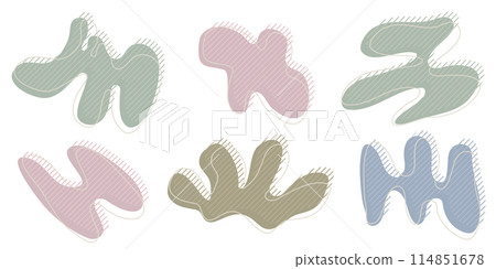 Collection of organic irregular blob shape with decorative stripes and stroke line. Yellow blue random deform circle spot. Isolated white background Organic amoeba Doodle elements Vector illustration. 114851678