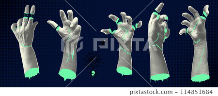 Collage elements hand palm with green slime. Halloween halftone zombie hands, severed fingers . Decoration banner for 31 Oktober events. Trendy poster in paper cut style. Vector illustration. 114851684