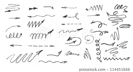 Charcoal pencil hand drawing curly arrows. Swishes, swashes, swoops, swooshes, scribbles and squiggles Black elements on white. Grunge chalk crayon doodles textures Crayon strokes. Vector illustration Charcoal pencil hand drawing curly arrows. Swishes, swashes, swoops, swooshes, scribbles and squiggles Black elements on white. Grunge chalk crayon doodles textures Crayon strokes. Vector illustration 114851688