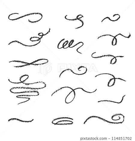 Charcoal pencil hand drawing curly lines. Swishes, swashes, swoops, swooshes, scribbles and squiggles. Black elements on white Grunge chalk crayon doodles textures. Crayon strokes. Vector illustration Charcoal pencil hand drawing curly lines. Swishes, swashes, swoops, swooshes, scribbles and squiggles. Black elements on white Grunge chalk crayon doodles textures. Crayon strokes. Vector illustration 114851702