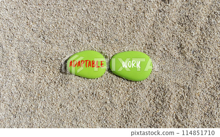 Adaptable work symbol. Concept words Adaptable work on beautiful green stone. Beautiful sea sand beach background. Business Adaptable work concept. Copy space. 114851710