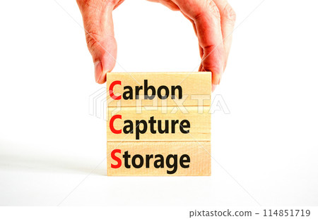 CCS Carbon capture storage symbol. Concept words CCS Carbon capture storage on beautiful wooden blocks. Beautiful white background. Business ecological Carbon capture storage concept. Copy space. 114851719