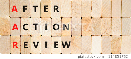 AAR After action review symbol. Concept words AAR After action review on beautiful wooden blocks. Beautiful wooden block background. Business AAR after action review concept. Copy space. 114851762