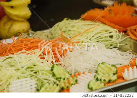 Decorative vegetables and fruits on plates Decorative vegetables and fruits on plates 114852222