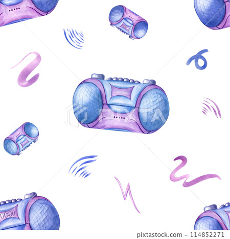 Cassette players in non digital 90s style. Blue purple tape recorder. Seamless nostalgia pattern. Button stereo gadget among flying abstract line doodle. Watercolor illustration for package, textile 114852271