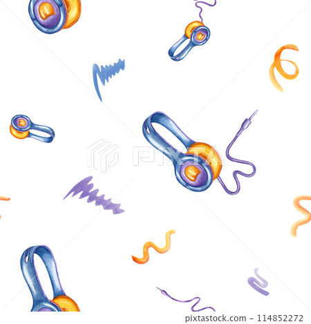 Headphones. Blue yellow Earphones among flying wavy curves. Colored squiggle. Seamless pattern. Music equipment mobile device. Listen audio. Earpieces for listening to music. Watercolor illustration Headphones. Blue yellow Earphones among flying wavy curves. Colored squiggle. Seamless pattern. Music equipment mobile device. Listen audio. Earpieces for listening to music. Watercolor illustration 114852272