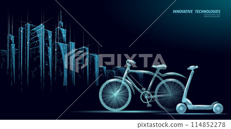 Electric scooter low poly design. Eco micromobility transport last-mile problem solution. Pick up scooter-sharing rental system. E-scooter urban mobility vector illustration Electric scooter low poly design. Eco micromobility transport last-mile problem solution. Pick up scooter-sharing rental system. E-scooter urban mobility vector illustration 114852278