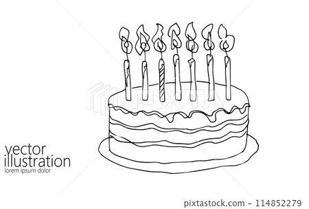 One line continuous birthday cake with candle symbol concept. Silhouette of dessert cafe restaurant holiday. Digital white single line sketch drawing vector illustration One line continuous birthday cake with candle symbol concept. Silhouette of dessert cafe restaurant holiday. Digital white single line sketch drawing vector illustration 114852279