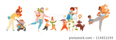 Tired Mom with Kids Feeling Stress and Exhaustion of Noisy and Naughty Toddler Vector Set Tired Mom with Kids Feeling Stress and Exhaustion of Noisy and Naughty Toddler Vector Set 114852293