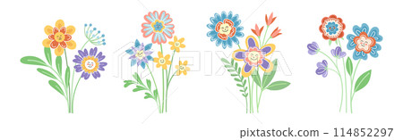 Smiling Flowers on Stalk with Petal and Green Leaf Vector Set Smiling Flowers on Stalk with Petal and Green Leaf Vector Set 114852297