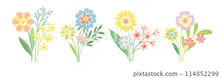 Smiling Flowers on Stalk with Petal and Green Leaf Vector Set Smiling Flowers on Stalk with Petal and Green Leaf Vector Set 114852299