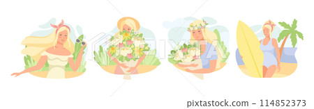 Summer with Woman with Surfboard and Hold Blooming Flower Vector Set Summer with Woman with Surfboard and Hold Blooming Flower Vector Set 114852373