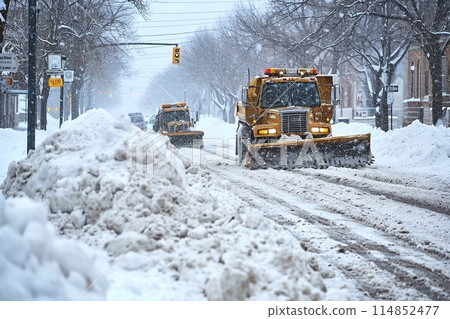Snowplow on the road during a snowfall in the city Snowplow on the road during a snowfall in the city 114852477