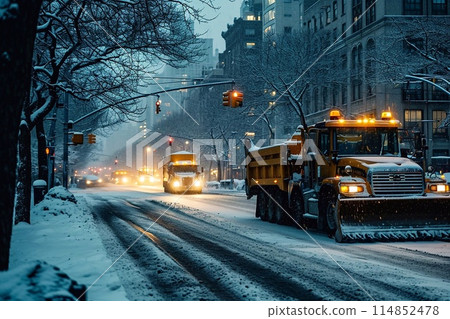 Snow plow on the road in the city at night 114852478