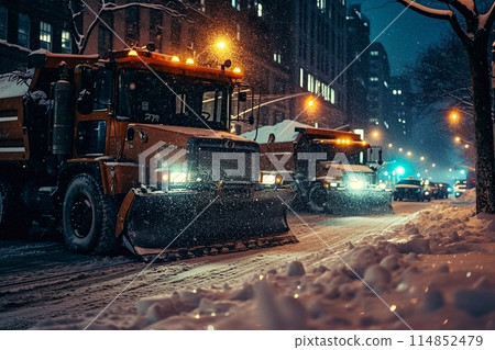 Snowplow on the road in the city at night in winter 114852479
