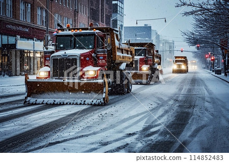Snowplow on the road during a snowfall in the city 114852483