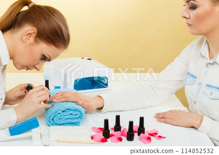 Professional manicurist painting woman nails. Professional manicurist painting woman nails. 114852532