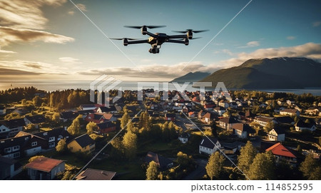 Drone flying over a village in Norway. 114852595