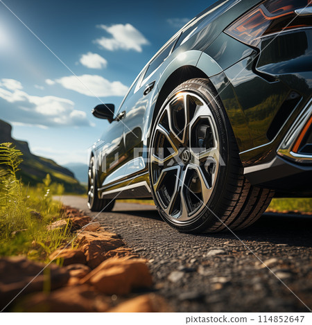 Embark on a journey with the electric car cruising smoothly on road. Explore the innovative technology that defines the electric car and join the movement towards eco-friendly commuting 114852647