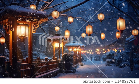 Snowy winter city street with lanterns and snow on the ground 114852761