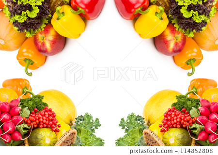 Set of vegetables and fruits isolated on a white . There is free space for text. Collage. Set of vegetables and fruits isolated on a white . There is free space for text. Collage. 114852808