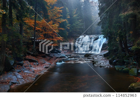 Waterfall in misty autumn forest Waterfall in misty autumn forest 114852963