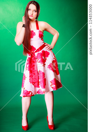 Full length female posing in summer dress. 114853000