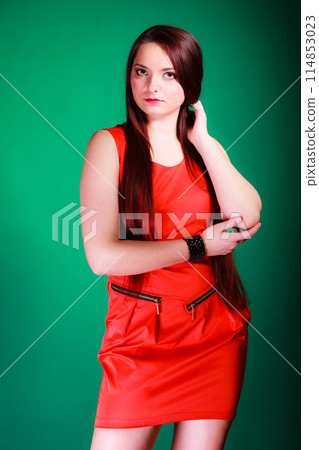 Long hair woman in red dress. Long hair woman in red dress. 114853023