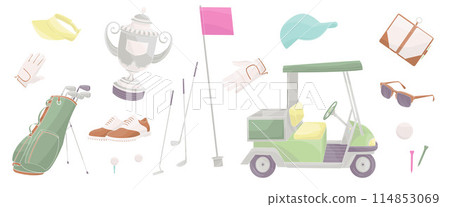 set elements about golf - clubs, shoes, flag, sunglasses, competition cup, gloves, golf bag, ball, clash notebook, golf buggy cart 114853069