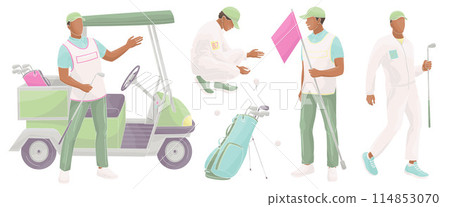 African American male caddie golf club staff, golf cart, caddy man with flag, golf ball, clubs, golf bag  114853070