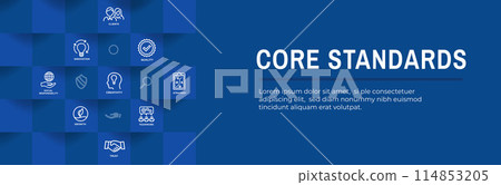 Core Standards Web Header Banner with Icons - Mission Vision Values and Integrity Core Standards Web Header Banner with Icons - Mission Vision Values and Integrity 114853205