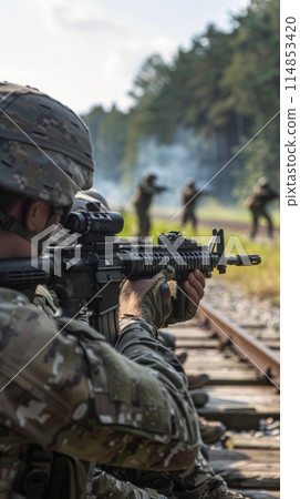 Soldiers With Guns in the Woods 114853420