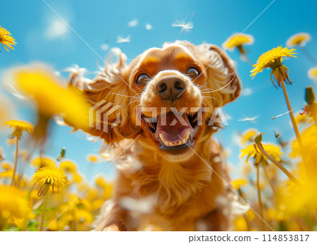 Close-up of a happy Cavalier King Charles Spaniel in a field of dandelions under a bright blue sky 114853817