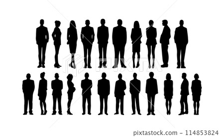 Silhouettes of people working group set vector illustration black and white. Person businessman and woman adult. Team work community isolated shape horizontal collection profile 114853824