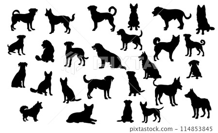 silhouette dog set black and white. Vector illustration pet collection cut out. Standing cartoon isolated white dog. Mammal element symbol profile silhouette dog set black and white. Vector illustration pet collection cut out. Standing cartoon isolated white dog. Mammal element symbol profile 114853845