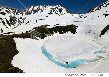 Aerial view of May snow melting at Murododaira in Mt. Mikurigaike pond, blue puddles, snow and the peaks of the Tateyama mountain range Aerial view of May snow melting at Murododaira in Mt. Mikurigaike pond, blue puddles, snow and the peaks of the Tateyama mountain range 114853858