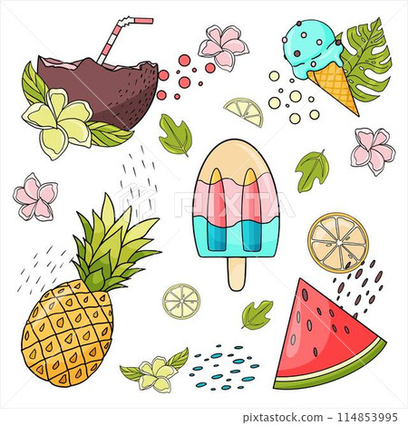 set of bright elements with fruit desserts, cocktail in coconut, ice cream 114853995