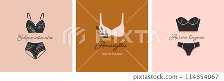 Elegant, luxury lingerie and underwear logos collection. Hand drawn minimalist illustrations, boho 114854067