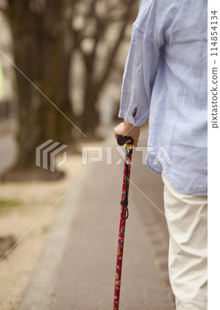 Hands of a middle-aged woman holding a cane 114854134