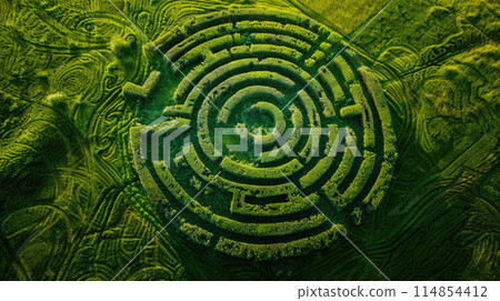 Aerial top view of plant labyrinth in field in summer, abstract green bushes maze like strange garden. Concept of nature, hedge, shape, puzzle, pattern. 114854412