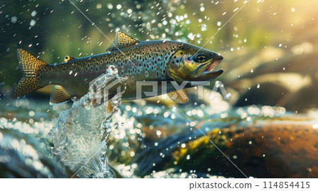 Trout jumps from water in river, view of wild fish in freshwater of mountain stream. Concept of salmon, wildlife, fresh, nature 114854415