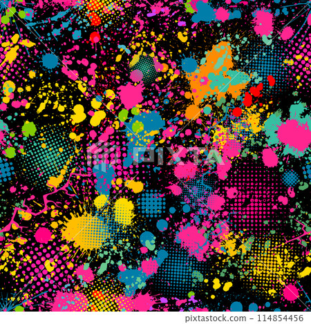 Seamless colored blots on a black background. hand drawing. Not AI, Vector illustration 114854456