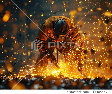 A worker in protective gear grinds metal, sparks fly around, against the backdrop of city buildings. 114854479
