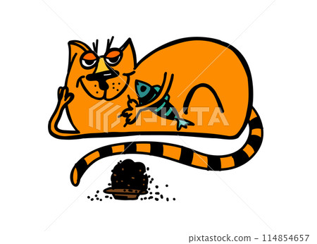 The cat is resting funny. A lot of food . hand drawing. Not AI, Vector illustration 114854657