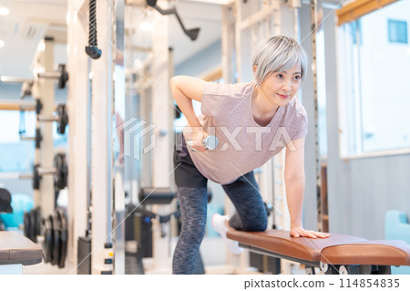 Middle-aged woman doing muscle training at the gym Middle-aged woman doing muscle training at the gym 114854835