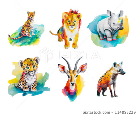透明背景 Safari 動物插畫組合/獅子、獵豹、豹、犀牛、黑斑羚、鬣狗 114855229