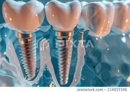 The concept of dental implants. A 3D rendering showing a dental implant placed between teeth The concept of dental implants. A 3D rendering showing a dental implant placed between teeth 114855506